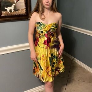 Yellow Strapless Ruched Sundress Cocktail